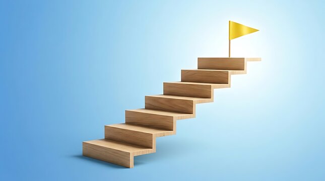 Wooden stairs ascending with yellow flag against blue gradient background ascent