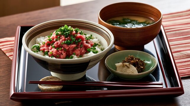 negitoro don set meal with miso soup, japanese minced tuna rice bowl