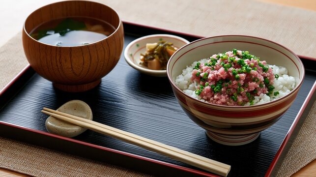 negitoro don set meal with miso soup, japanese minced tuna rice bowl