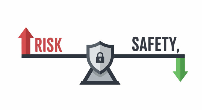 A balanced scale illustrates the concepts of risk and safety with corresponding arrows