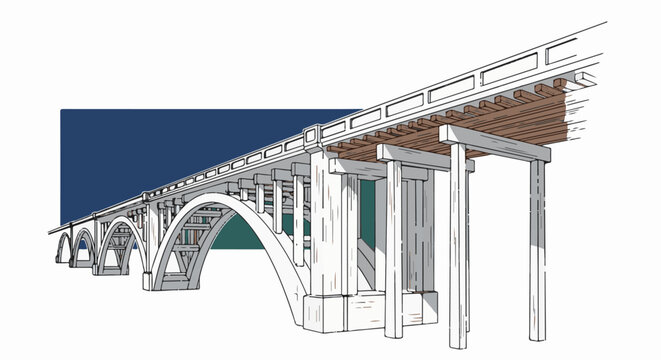 A concrete arched bridge with wooden deck supports, against a blue and teal background