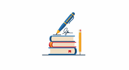 Fototapeta premium A blue pen signs atop a stack of books with a pencil nearby