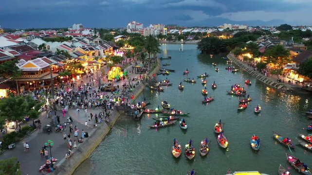 Aerial view of Hoi An Vietnam in Quang Nam Province It is a popular tourist attraction where colorful lantern boats sail on the river.