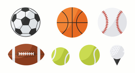 Fototapeta premium A collection of six different sports balls, including a soccer ball, basketball, baseball, football, two tennis balls, and a golf ball