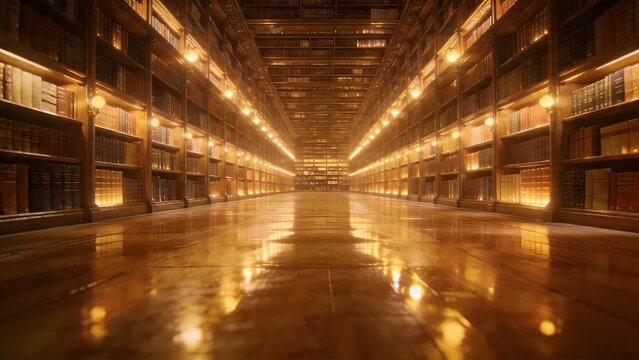 Long library hallway with bookshelves