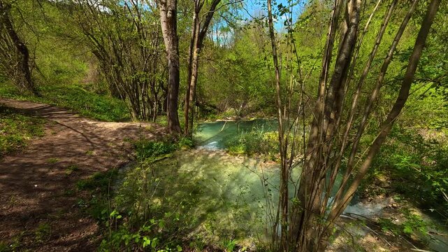Soft light filters through trees. Bigar Waterfall, Stara Planina. (Balkan Mountains), Serbia.