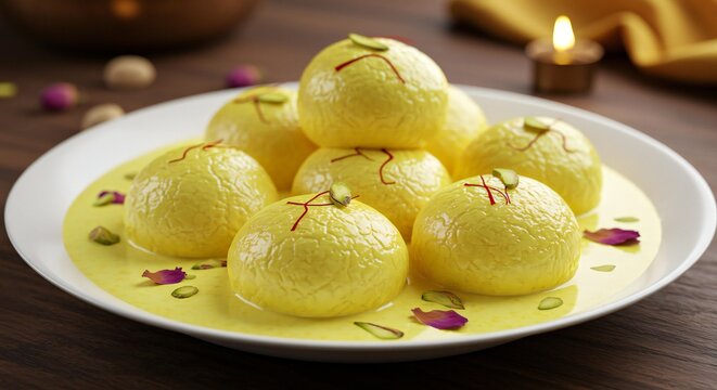 Rasgulla Dessert: Sweet Indian Cheese Balls in Creamy Milk Sauce with Saffron and Pistachios