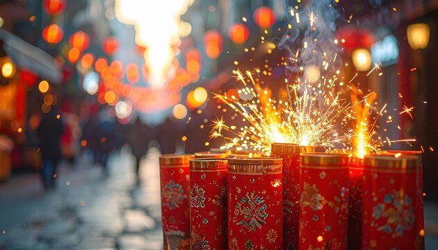 Vibrant Red Firecrackers Exploding with Golden Sparks Amidst Festive Orange Bokeh Lights at Night