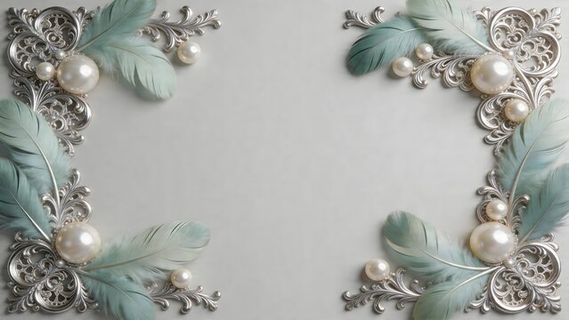 Elegant decorative frame with feathers and pearls
