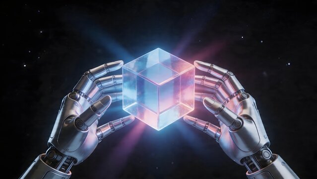 Robot hands holding glowing cube