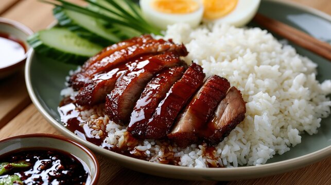 khao moo daeng, thai red bbq pork over rice with sweet sauce