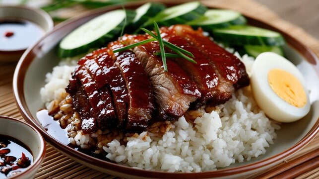khao moo daeng, thai red bbq pork over rice with sweet sauce