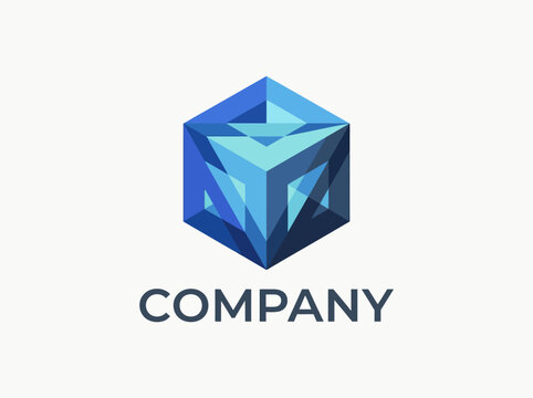 3D Blue Gemstone Logo Design with COM Initials for Corporate Branding