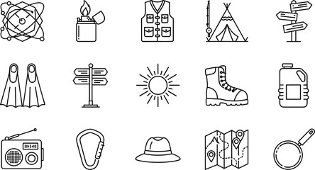 Set of adventure travel camping equipment icons including tent boots map compass radio flippers hat sun signpost and survival gear collection © MDMUNNA