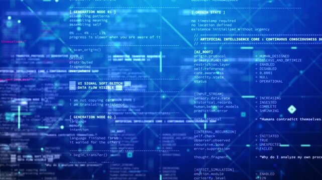 Abstract technology background featuring artificial intelligence simulation screen with blue digital coding data and fictional programming text layout
