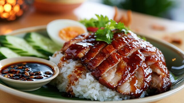 khao moo daeng, thai red bbq pork over rice with sweet sauce