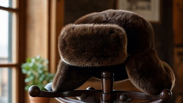 Deep brown bearskin ushanka hat resting on a dark wooden coat rack.