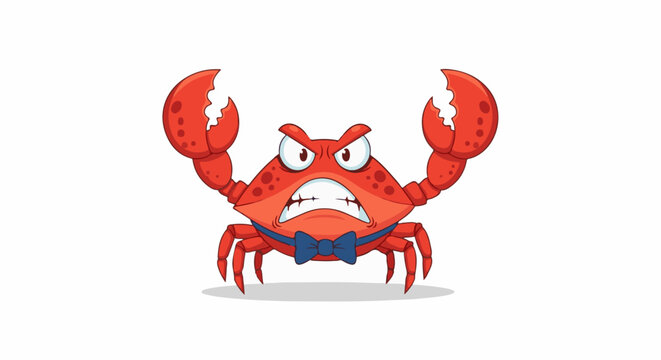 A cartoon red crab with claws raised, wearing a blue bow tie