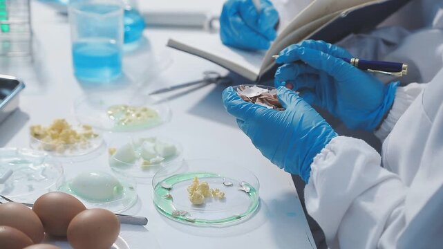 Researcher conducts food analysis in laboratory on eggs and dairy with microscope and data sheet for study on nutrition concept