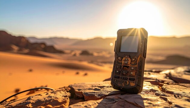 Rugged Handheld Communication Device Resting on Rocks in a Desert Landscape During Sunrise