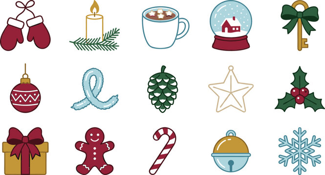 Winter Christmas Icon Set with Mittens Snowglobe Candle Gift and Candy Cane for Holiday Festive Vector Designs