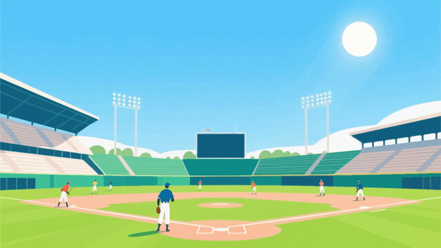 Baseball stadium field with players flat vector illustration background
