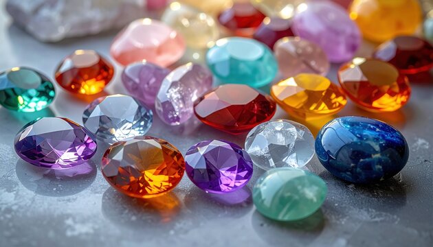 Array of polished faceted gemstones in vibrant hues displaying intricate cuts and brilliant sparkle