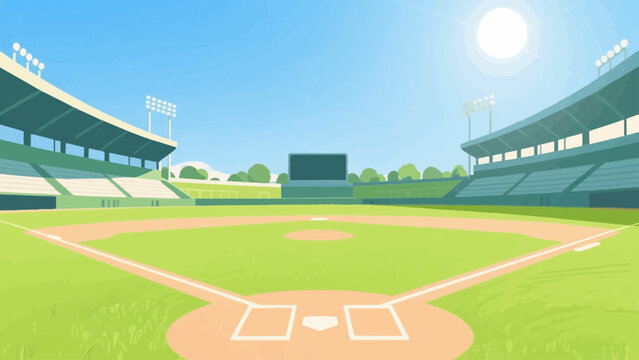 Baseball stadium field with players flat vector illustration background