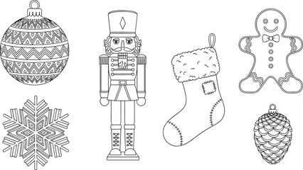 Naklejka premium Christmas Holiday Outline Icon Set with Nutcracker Snowflake Stocking and Gingerbread Man Kids Coloring Page Designs