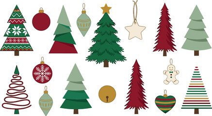 Christmas Tree and Bauble Ornament Icon Set for Winter Holiday Greetings Cards and New Year Decorative Designs © MdAungur