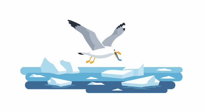 A cartoon seagull with a fish in its beak flies over an icy, blue ocean
