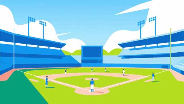 Baseball stadium field with players flat vector illustration background