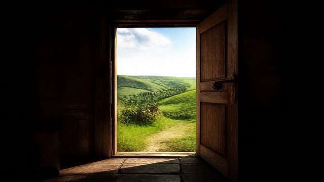 A wooden door frame leading to a sunlit green field, strong contrast.