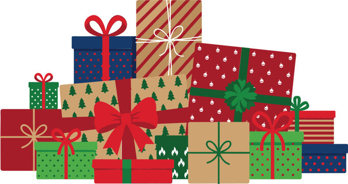 Pile of Christmas Gift Boxes with Colorful Wrapping Paper Patterns and Ribbon Bows for Holiday Festive Backgrounds