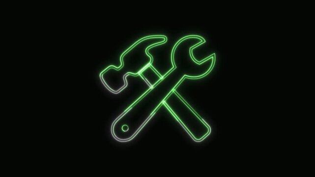  Hammer and Wrench Icon Neon Seamless Loop 4K with Black Background Animated Promotional Typography for Video Editing