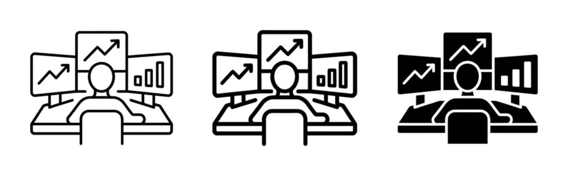Trader at Multiple Monitors, Stock Market Analysis Icons, Financial Data Visualization