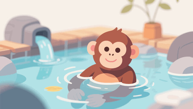 Cute cartoon monkey relaxing in a hot spring onsen illustration