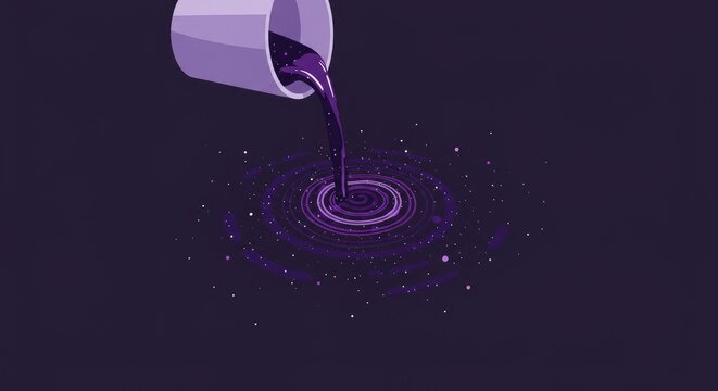 Ilustra&ccedil;&atilde;o abstrata de um l&iacute;quido sendo derramado com efeitos de redemoinho sobre um fundo escuro.
