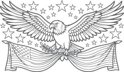 American bald eagle with outstretched wings holding olive branch and flag emblem. © Sadhin