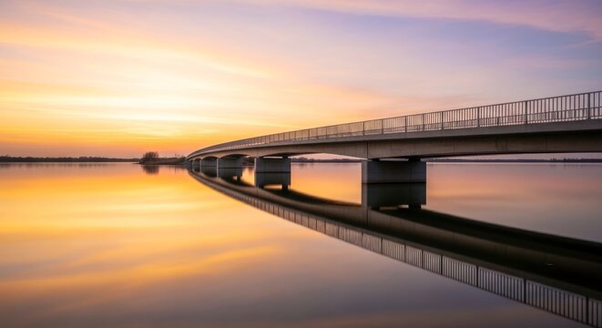 Longa ponte sobre &aacute;guas calmas ao p&ocirc;r do sol, com reflexos coloridos do c&eacute;u.