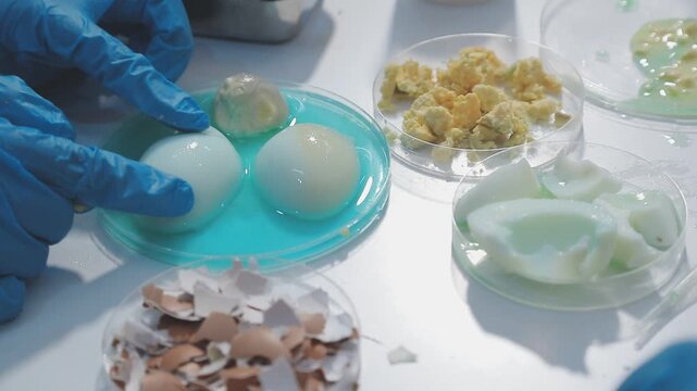 Researcher conducts food analysis in laboratory on eggs and dairy with microscope and data sheet for study on nutrition concept