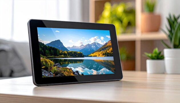 Black digital photo frame displaying a vibrant mountain lake landscape on a wooden table