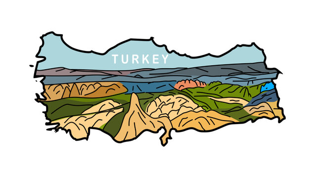 Tourism in Turkey, map with landscape, color vector illustration