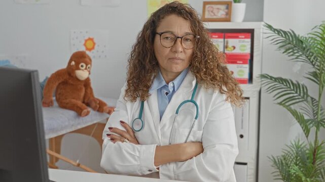 Woman doctor with stethoscope and glasses crossing arms, lab coat visible, pediatric exam table and stuffed monkey in clinic building; professional concern.