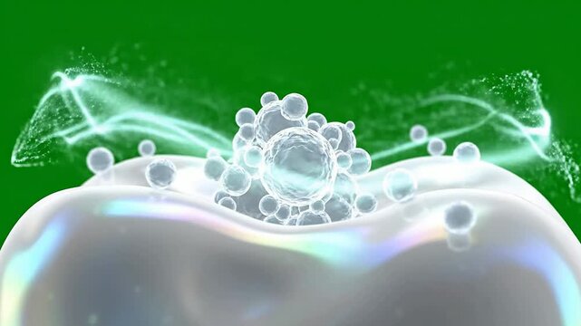 Abstract Dental Health Visual of Bubbles Sprouting from a Tooth Surface Against a Green Background Illustrating Cleanliness and Freshness