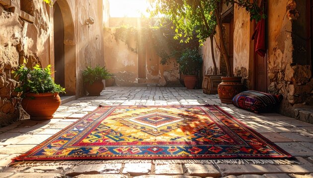 Vibrant Hand-woven Berber Carpet Displayed in a Sunlit Moroccan Courtyard