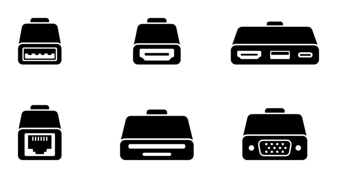 Technology Connectors Set: USB, HDMI, Ethernet, VGA Ports Icons for Digital Devices
