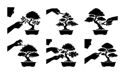 Fototapeta premium Bonsai Tree Care Icons, Miniature Tree Pruning & Shaping Set, Zen Garden Art