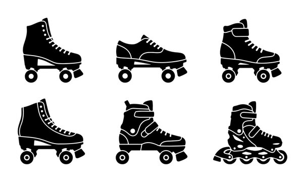 Six Roller Skate Icons, Vintage Quad Skates, Modern Inline Skates, Black Silhouette Vector Set