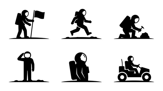 Astronaut Icon Set: Space Exploration, Moonwalk, Rover, Flag Planting, Science Vector Graphics
